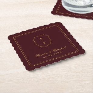 Porta-copo De Papel Elegante Monograma de Crista em Burgundy e Dourado