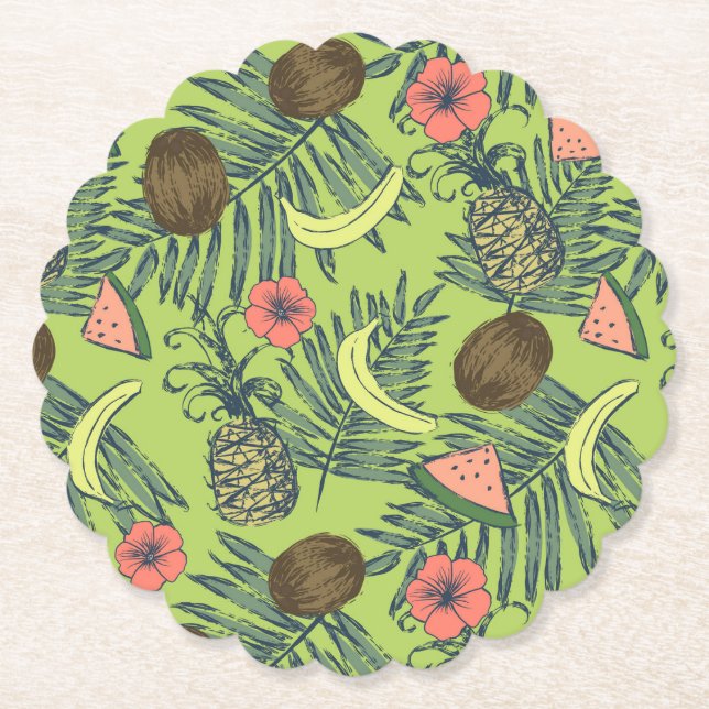 Porta-copo De Papel Esboço da fruta tropical no teste padrão verde (Frente)