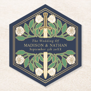 Porta-copo De Papel Espada Floral Real Branco Casamento Azul Dourado