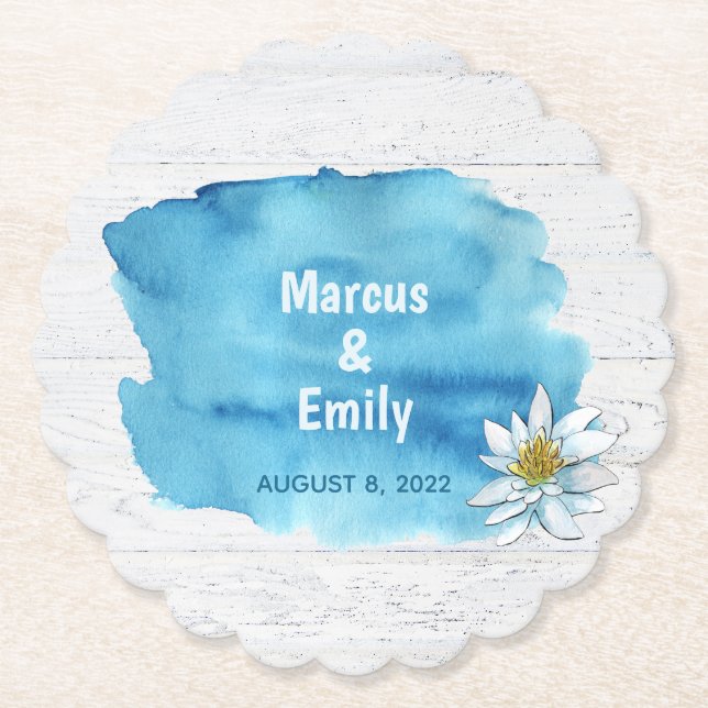 Porta-copo De Papel esplendor de aquarelas azuis na madeira de madeira (Frente)