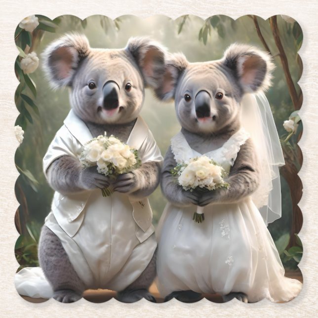 Porta-copo De Papel "Evergreen Vows: um casamento Koala em branco" (Frente)