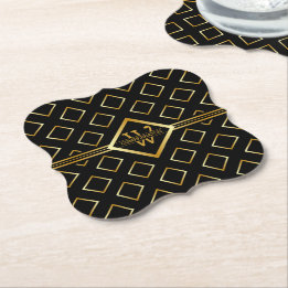 Porta-copo De Papel FAUX Gold Geometric Pattern with Monogram on BLACK