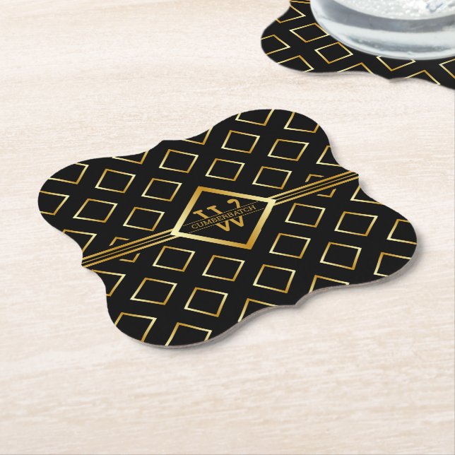 Porta-copo De Papel FAUX Gold Geometric Pattern with Monogram on BLACK (Angular)