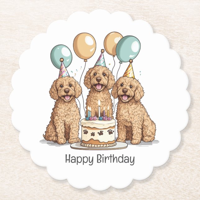 Porta-copo De Papel Feliz Aniversário Cachorros de Goldendoodle (Frente)