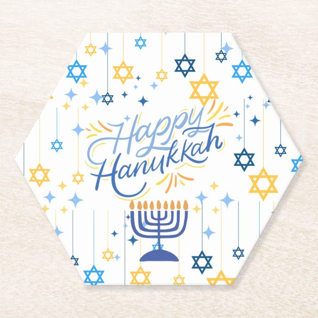 Porta-copo De Papel Feliz Hanukkah Azul e Dourado (Frente)