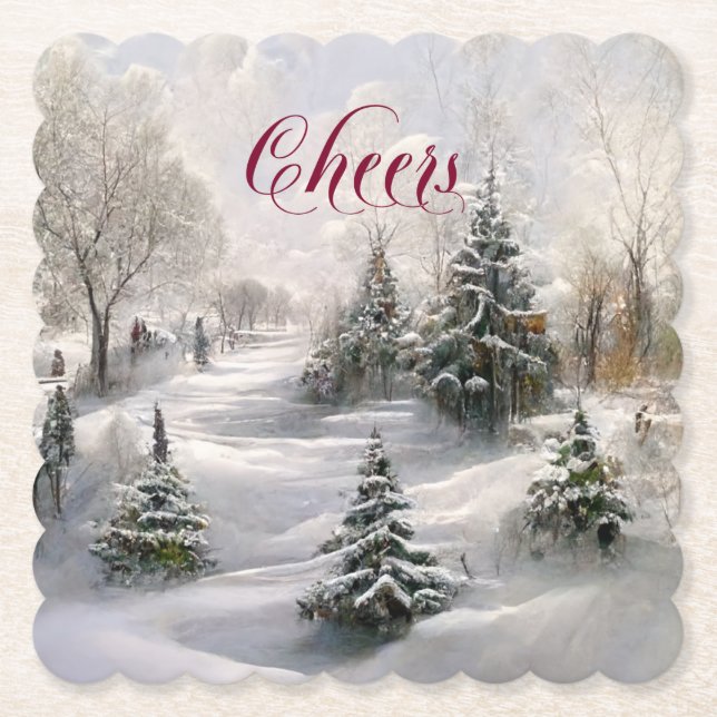 Porta-copo De Papel Feliz Natal Paisagem de Inverno Floresta de Pinhei (Frente)