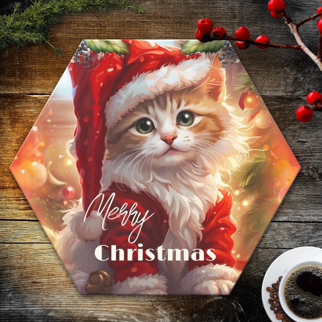 Porta-copo De Papel Feliz Natal para Gatinhos (Paper coaster featuring a cute kitten in Christmas outfit.)