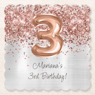 Porta-copo De Papel Festa de 3 anos Rose Gold Silver
