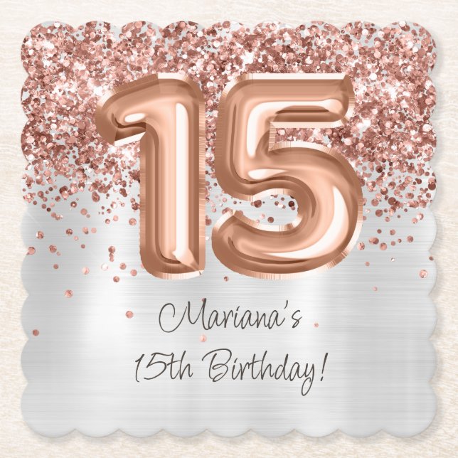 Porta-copo De Papel Festa de aniversário rosa Dourada 15 Silver (Frente)