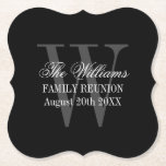 Porta-copo De Papel Festa de reunião de família elegante, costume<br><div class="desc">Porta copos de bebidas de monograma de reunião de família elegante. Crie as suas próprias portas copos de papel com letra monográfica. Modelo com tipografia de na moda com script. Decoração personalizada de mesa de luxo para a família se reunir, genealogia, reunião, ancestralidade, reunião, churrasco, herança, festa, janta, noite, evento,...</div>