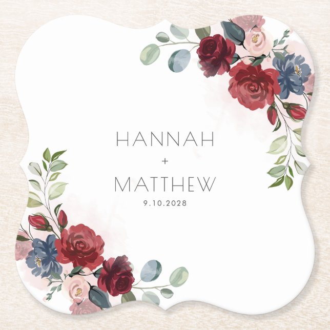 Porta-copo De Papel Floral Borgonha Script Chic Folhagens Casamento (Frente)