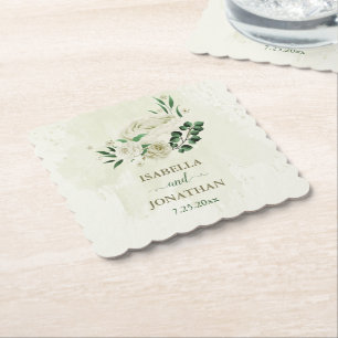Porta-copo De Papel Flores brancas de marfim, verde casamento