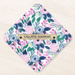 Porta-copo De Papel Flores cor-de-rosa doce, Marinho Dourado de aquare