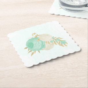 Porta-copo De Papel Flores românticas em verde menta e branco dourado 
