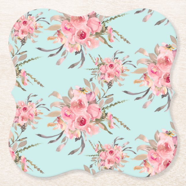 Porta-copo De Papel Flores Rosa Bege em Azul Claro (Frente)