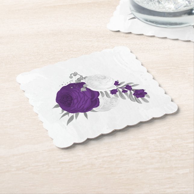Porta-copo De Papel flores roxas e brancas reais prateado (Angular)
