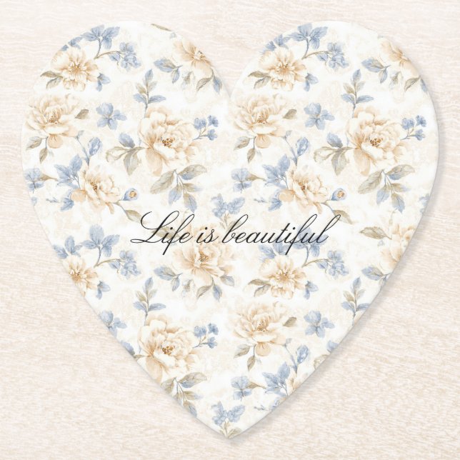 Porta-copo De Papel Folhas Azuis Florais Creme Romântico (Frente)
