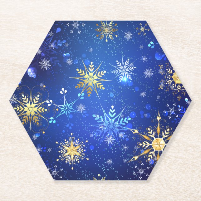 Porta-copo De Papel Fundo Azul XMAS com Flocos de Neve Ouro (Frente)