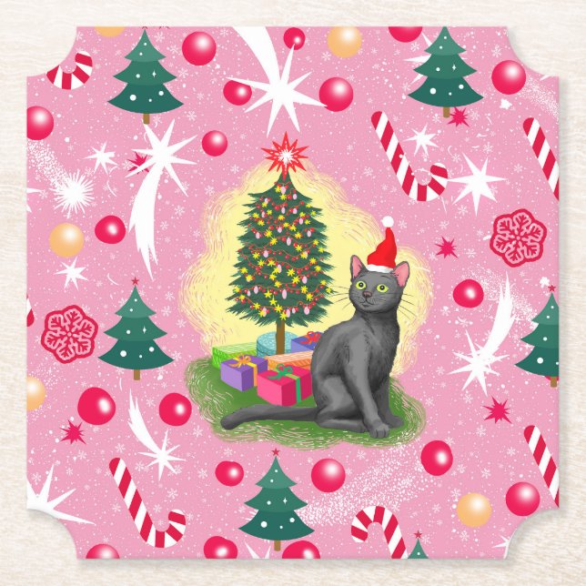 Porta-copo De Papel Gato de Natal Rosa (Frente)