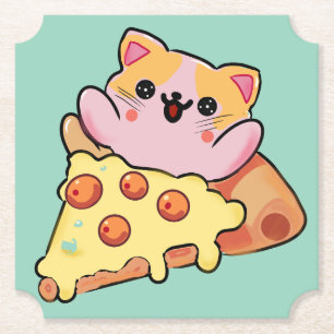 Porta-copo De Papel Gato Kawaii Abraçando Pizza de Pepperoni Cartoon