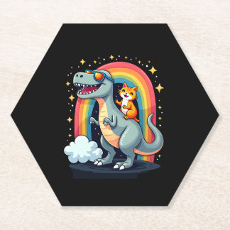 Porta-copo De Papel Gato Montando Dinossauro T-Rex Gatinho Arco-Íris D