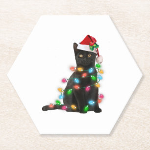 Porta-copo De Papel Gato Preto Com Luzes De Natal Chapéu De Papai Noel