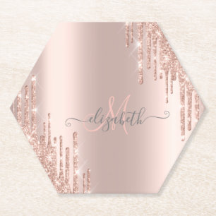 Porta-copo De Papel Glitter Moderno Coloca Rosa Monograma Dourado