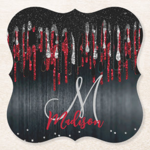 Porta-copo De Papel Glitter preto e vermelho-prateado chic goteja mono