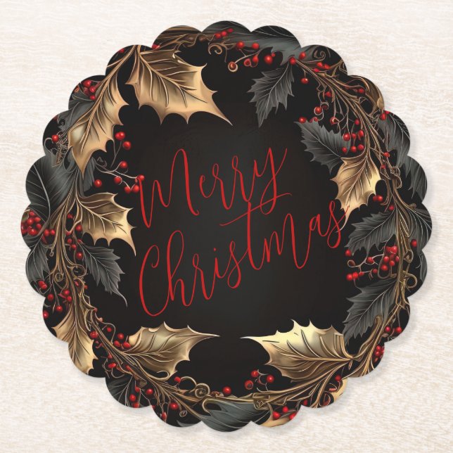 Porta-copo De Papel Golden Holly Wreath – Elegant Christmas (Frente)