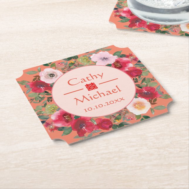 Porta-copo De Papel Grinalda floral de círculo laranja casamento chinê (Angular)