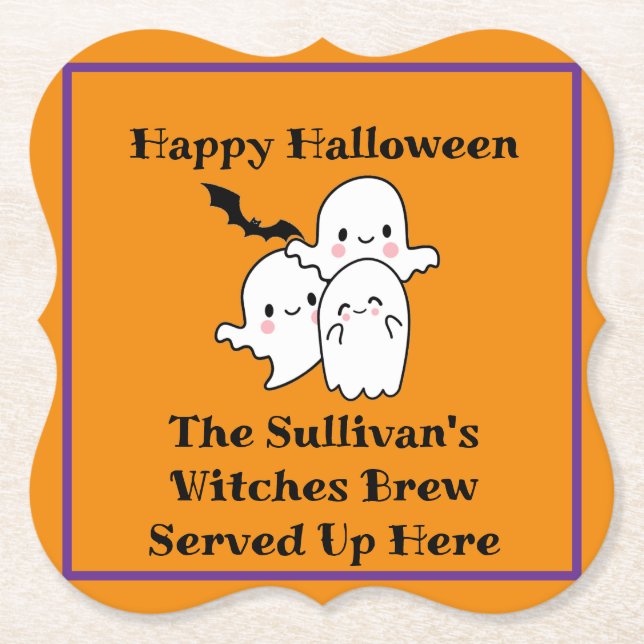 Porta-copo De Papel Halloween Brew Booze Personalize Ghost Bat Orange (Frente)
