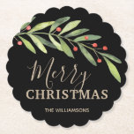 Porta-copo De Papel Holly e Berries no Black Merry<br><div class="desc">Sagrado elegante e bagas com Feliz Natal ou sua própria informação em caracteres quicos em qualquer cor (nós usamos ouro) e em qualquer fundo colorido (nós usamos preto.) Todas as cores de texto, fontes e fontes podem ser modificadas, basta clicar no link "personalizar mais" e usar nossa ferramenta de design...</div>