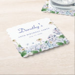 Porta-copo De Papel Hydrangea Rosa 50th Birthday Personalizado Persona<br><div class="desc">Novo para o Verão de 2024. Azul poeirento suave e híbridos roxos misturam-se com rosas brancos e selvagens de cor branca e esbranquiçada. O nome do celebrante de aniversário é escrito em uma fonte de script fácil de ler. O ano e a data de aniversário seguem em uma fonte de...</div>