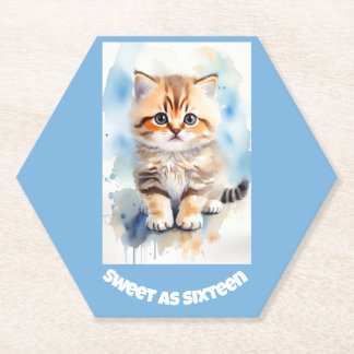 Porta-copo De Papel Imagem de Gato Sweet 16 com Texto Azul