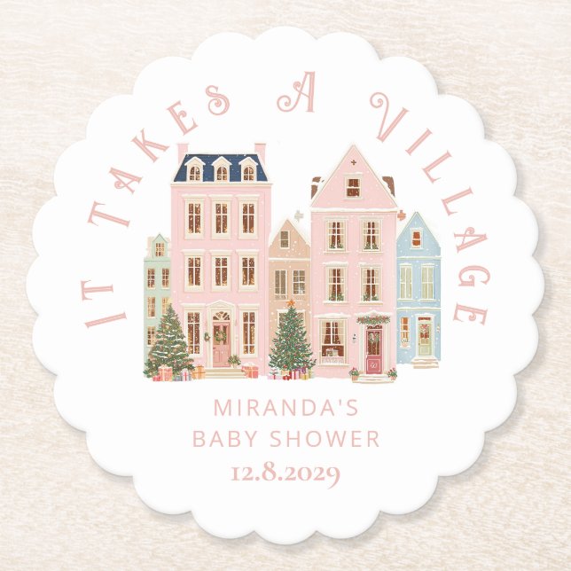 Porta-copo De Papel It takes a Village Winter Pink Snow Baby Shower (Frente)