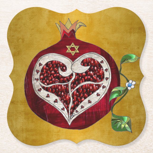 Porta-copo De Papel Judaica Pomegranate Heart Hanukkah Rosh Hashanah (Frente)