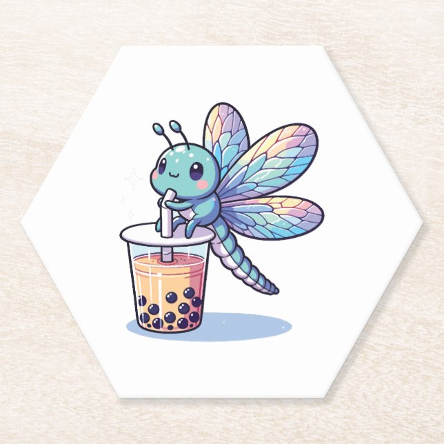 Porta-copo De Papel Kawaii Dragonflies Bubble Tea Boba Dragonfly (Frente)
