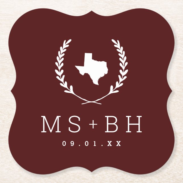Porta-copo De Papel Laurel Crest Texas Wedding Monograma | Borgonha (Frente)