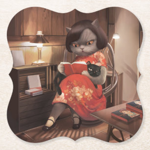 Porta-copo De Papel Lendo Gato em Cheongsam