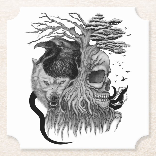 Porta-copo De Papel Lobo e Raven com crânio (Frente)