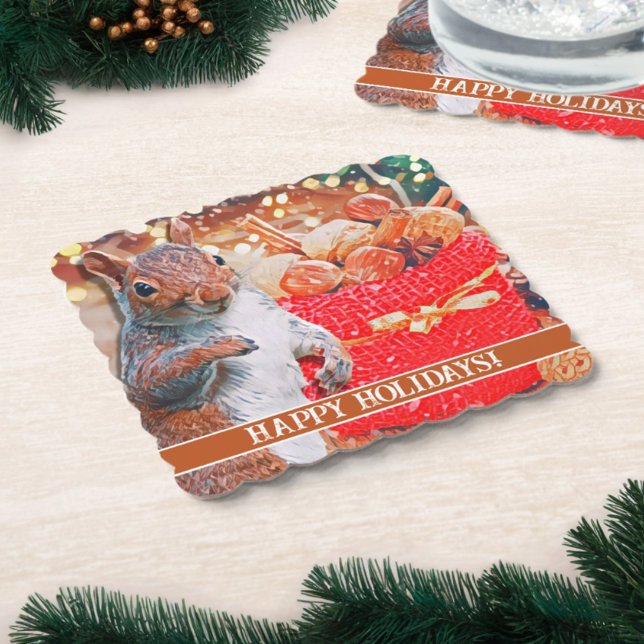 Porta-copo De Papel Loucos de Natal de Esquilo (Paper coasters for your holiday party feature a cute squirrel and customizable message.)