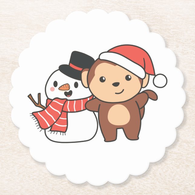 Porta-copo De Papel Macaco Com Neve No Inverno Para O Natal (Frente)