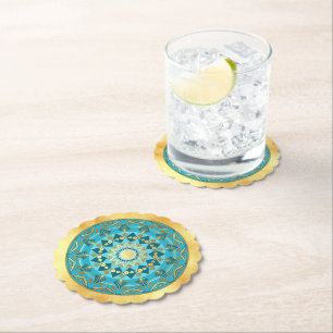 Porta-copo De Papel Mandala azul dourado em Fundo de Ouro Suave