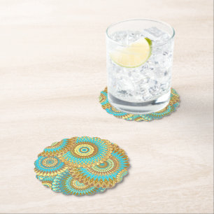 Porta-copo De Papel Mandala Sobreposta Azul Marrom Dourado