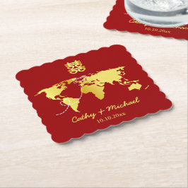 Porta-copo De Papel Mapa de destino vermelho e dourado casamento chinê