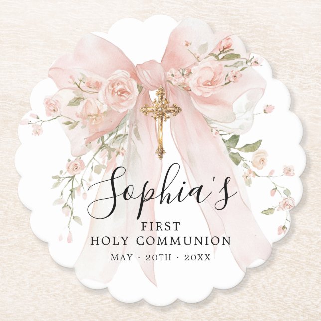 Porta-copo De Papel Menina da Primeira Comunhão Laço Rosa Personalizad (Frente)
