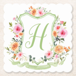Porta-copo De Papel Monograma Crest Floral Com Aquarela, Verde Rosa