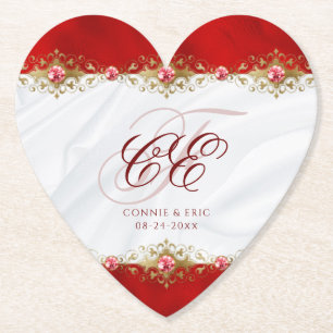 Porta-copo De Papel Monograma Dourado Floral Vermelho de Casamento Ele