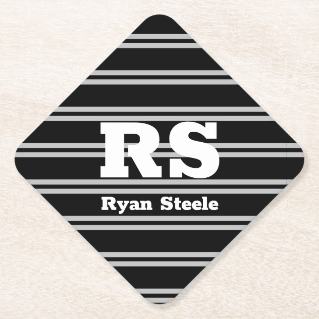 Porta-copo De Papel Monograma e Nome Branco Negrito, Linhas Cinzas Sec (Frente)