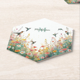 Porta-copo De Papel Monograma Floral de Pássaros de Aquarela de Primav